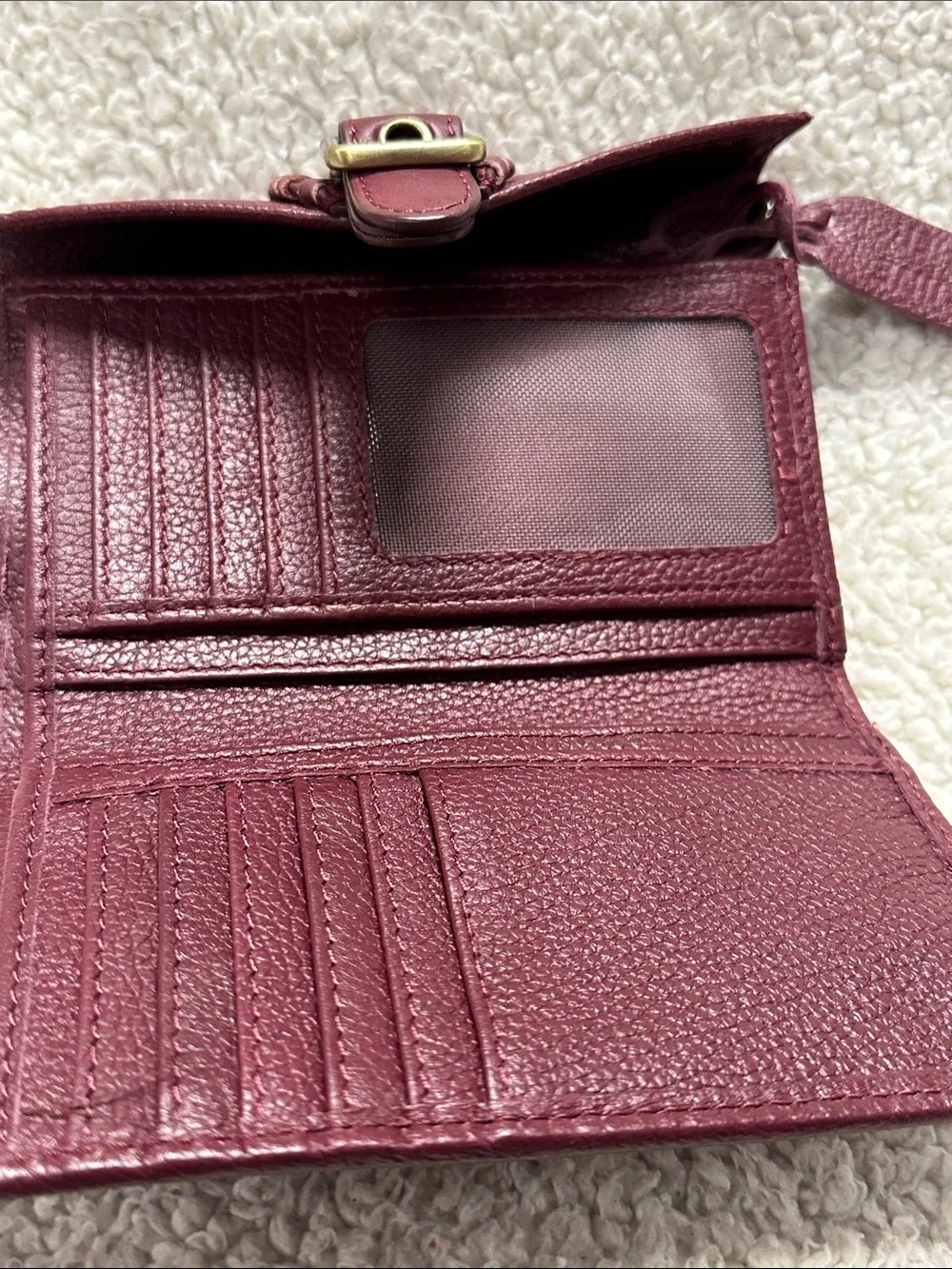 Pebbled Burgundy Genuine Leather Wallet with Buckle Strap, Whipstitch Details